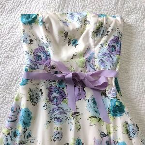 Ann Taylor Silk Strapless Dress Floral Midi Ribbon Purple Summer Size 2